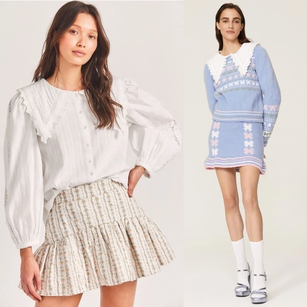 LOVESHACKFANCY Lace Embroidered Oversized Collar Puff Long Sleeve Pintuck Top XS